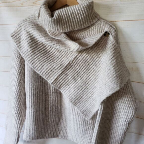Thakoon Chunky Scarf Ribbed Knit Turtleneck Sweater Oatmeal Tan Size XL - Picture 5 of 11